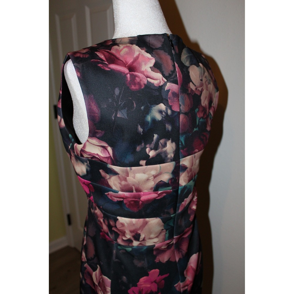 Tahari Arthur S Levine Pink Rose Floral Sheath Dress Black Sleeveless Women's 4 - Picture 4 of 9
